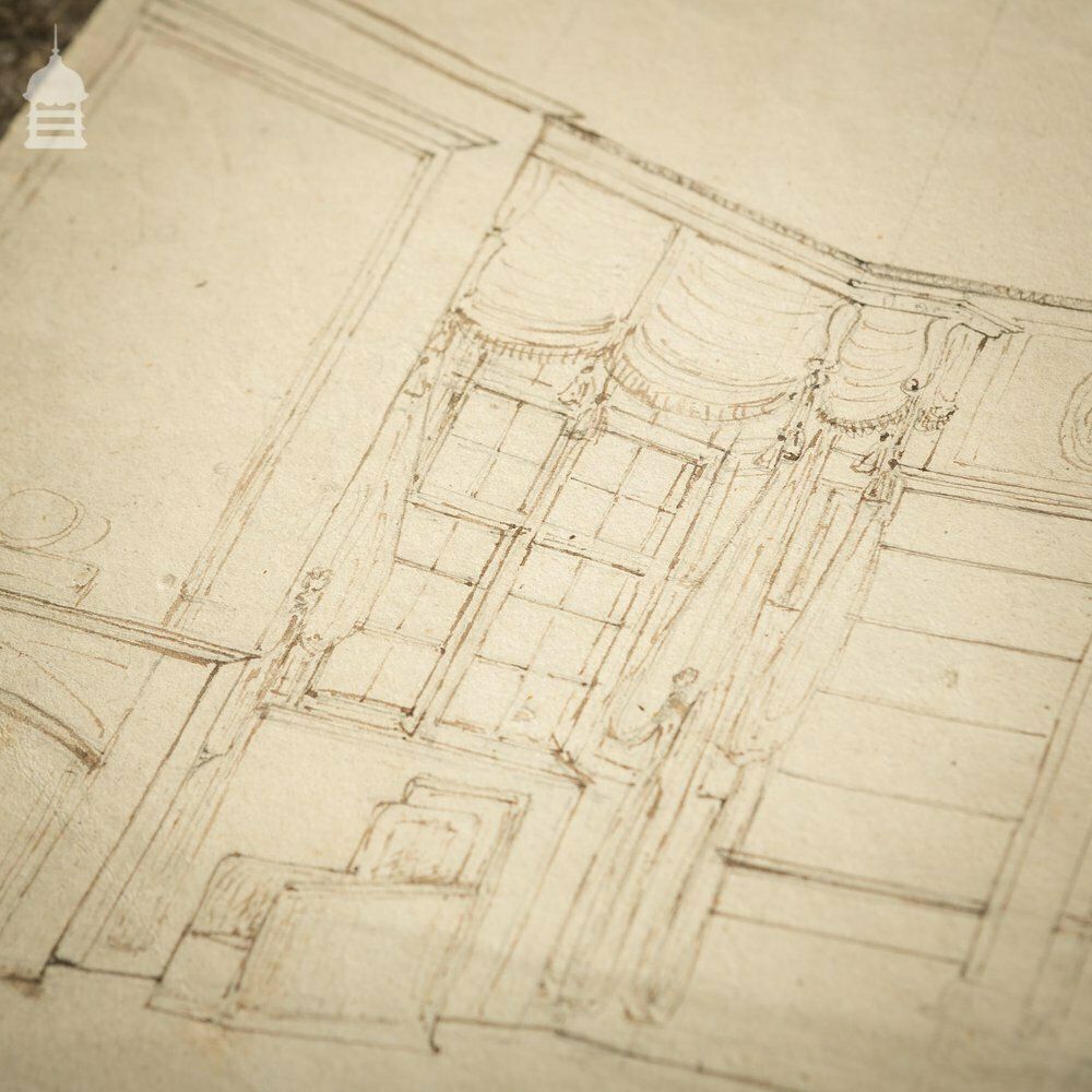 Original Edwardian Hand Drawn Sketch Of A Stately Home Grand Drawing Room photo for sale