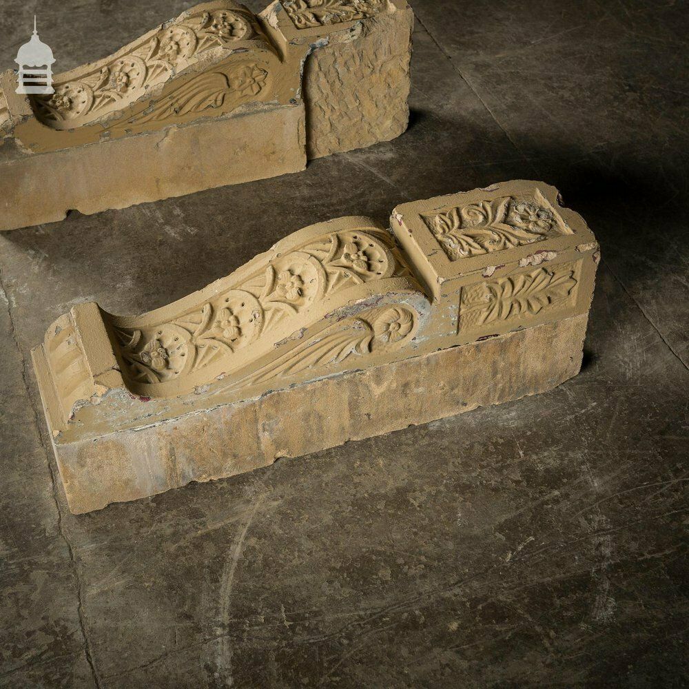 570.0 Pair Of 19th C Decorative Floral Design Large Buff Corbels Stone Supports photo