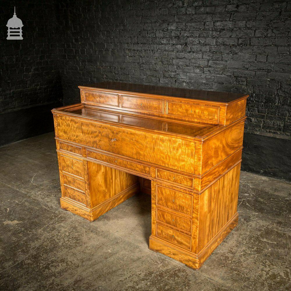 Early 19th C Maple Pedestal Bureau Desk With Internal Birds Eye Maple And Leather Writing Surface