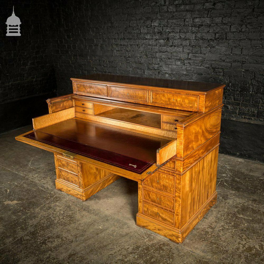 Early 19th C Maple Pedestal Bureau Desk With Internal Birds Eye Maple And Leather Writing Surface photo vintage