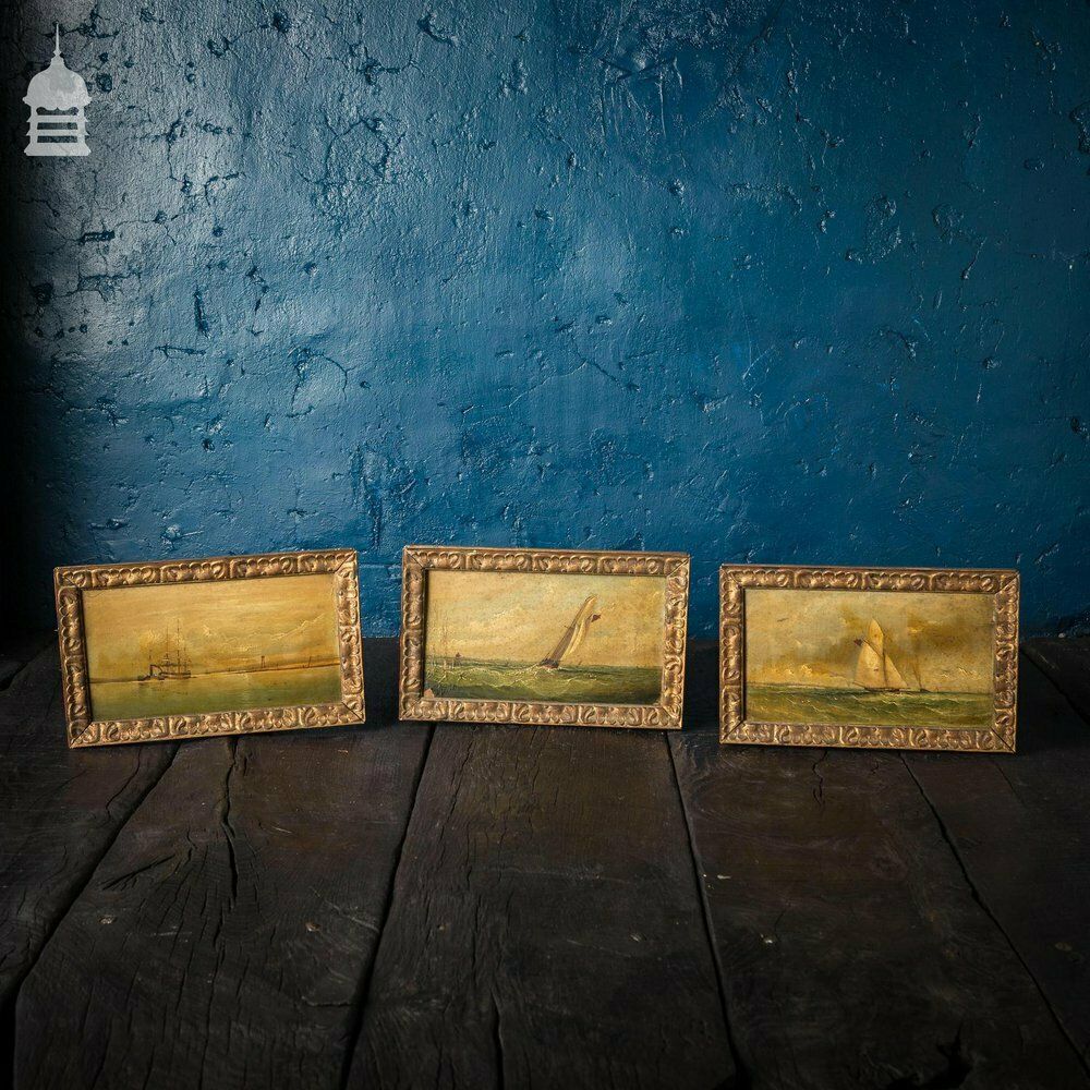 Set Of Three Early 19th C Nautical Maritime Oil Painting Seascapes photo for sale