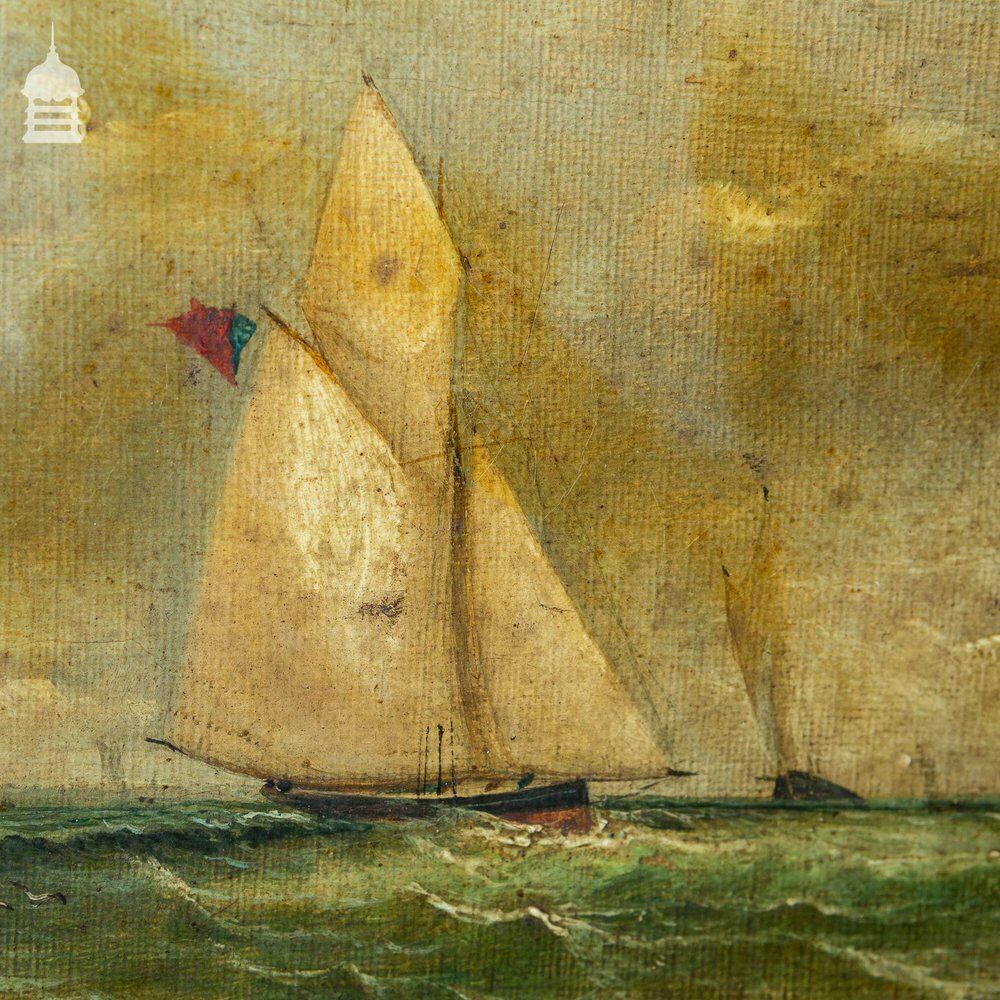 Set Of Three Early 19th C Nautical Maritime Oil Painting Seascapes photo vintage