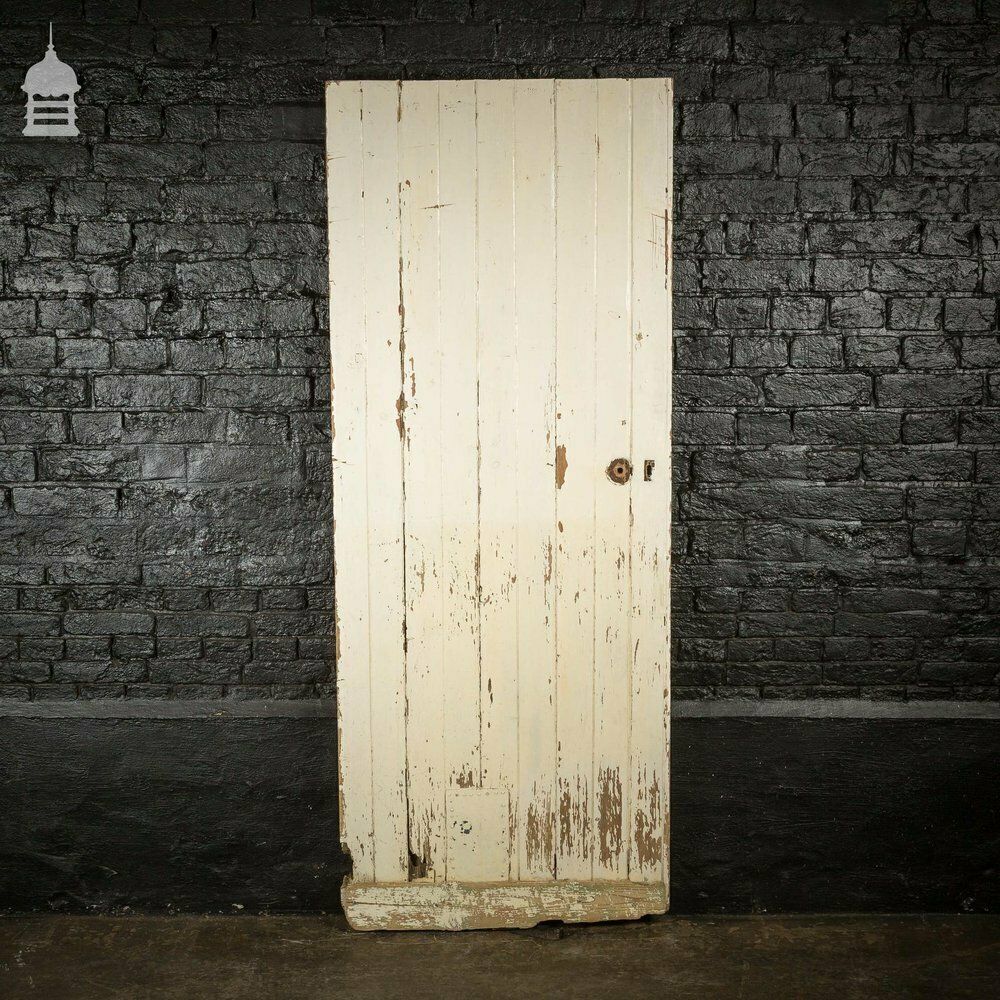 19th C White Painted Pine Ledged And Braced Internal Cottage Door With Period Repairs