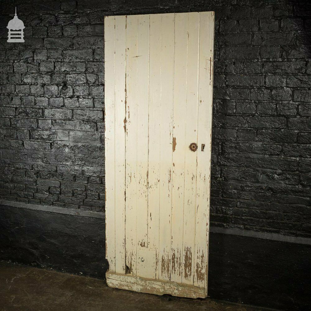 19th C White Painted Pine Ledged And Braced Internal Cottage Door With Period Repairs photo for sale