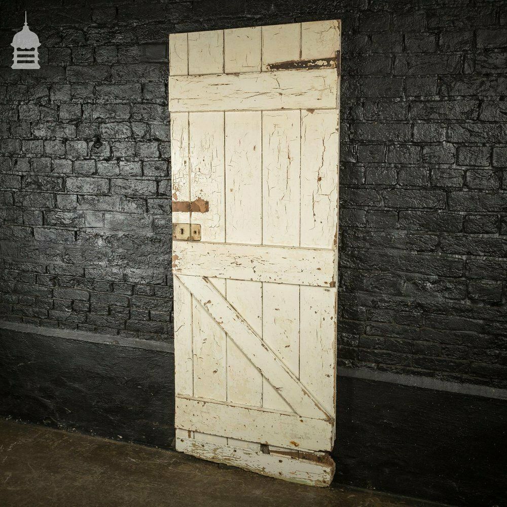 19th C White Painted Pine Ledged And Braced Internal Cottage Door With Period Repairs photo 150.0
