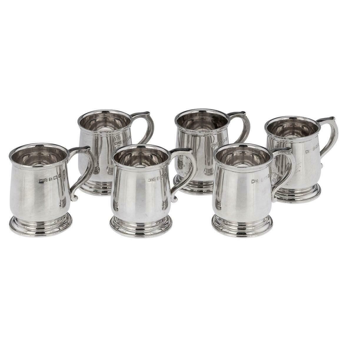20th Century Set Of Six Solid Silver 'Tankard' Shot Cups, Walker & Hall, C.1926