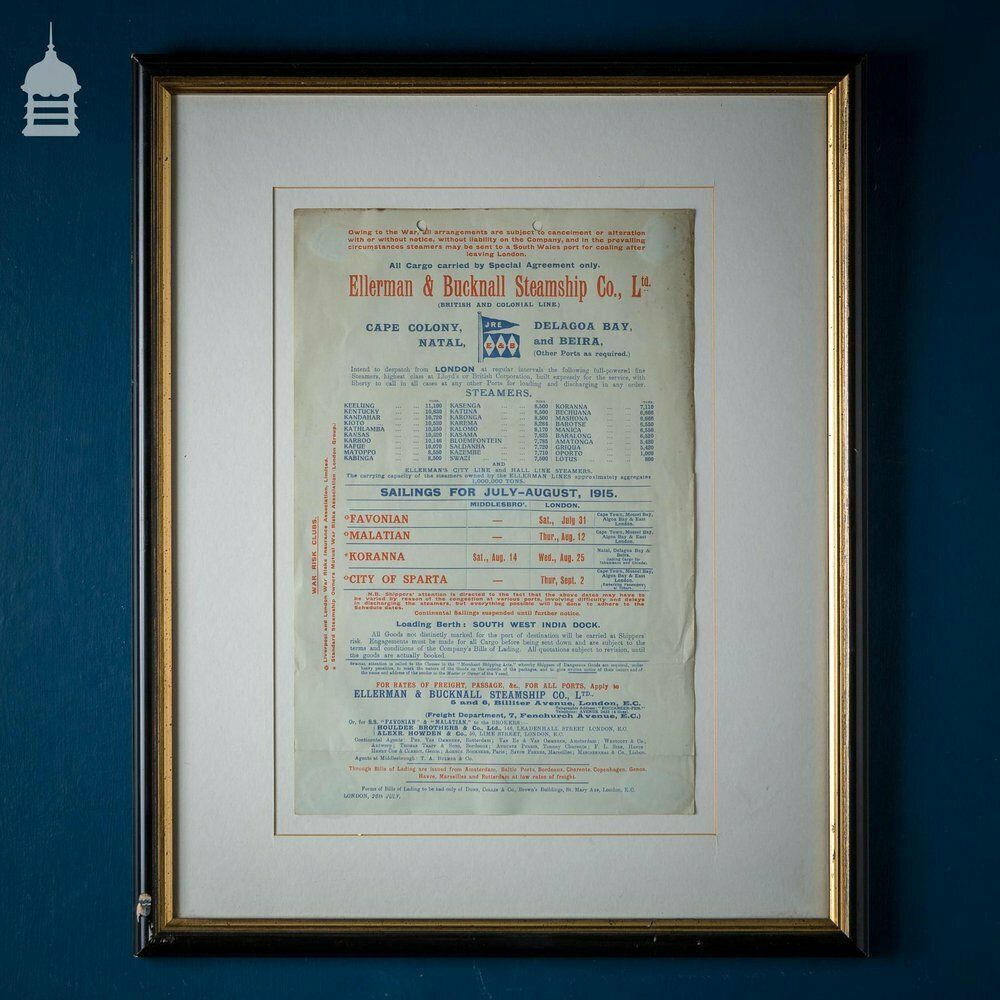 1915 Ellerman & Bucknall Steamship Co. Ltd Notice In Later Frame
