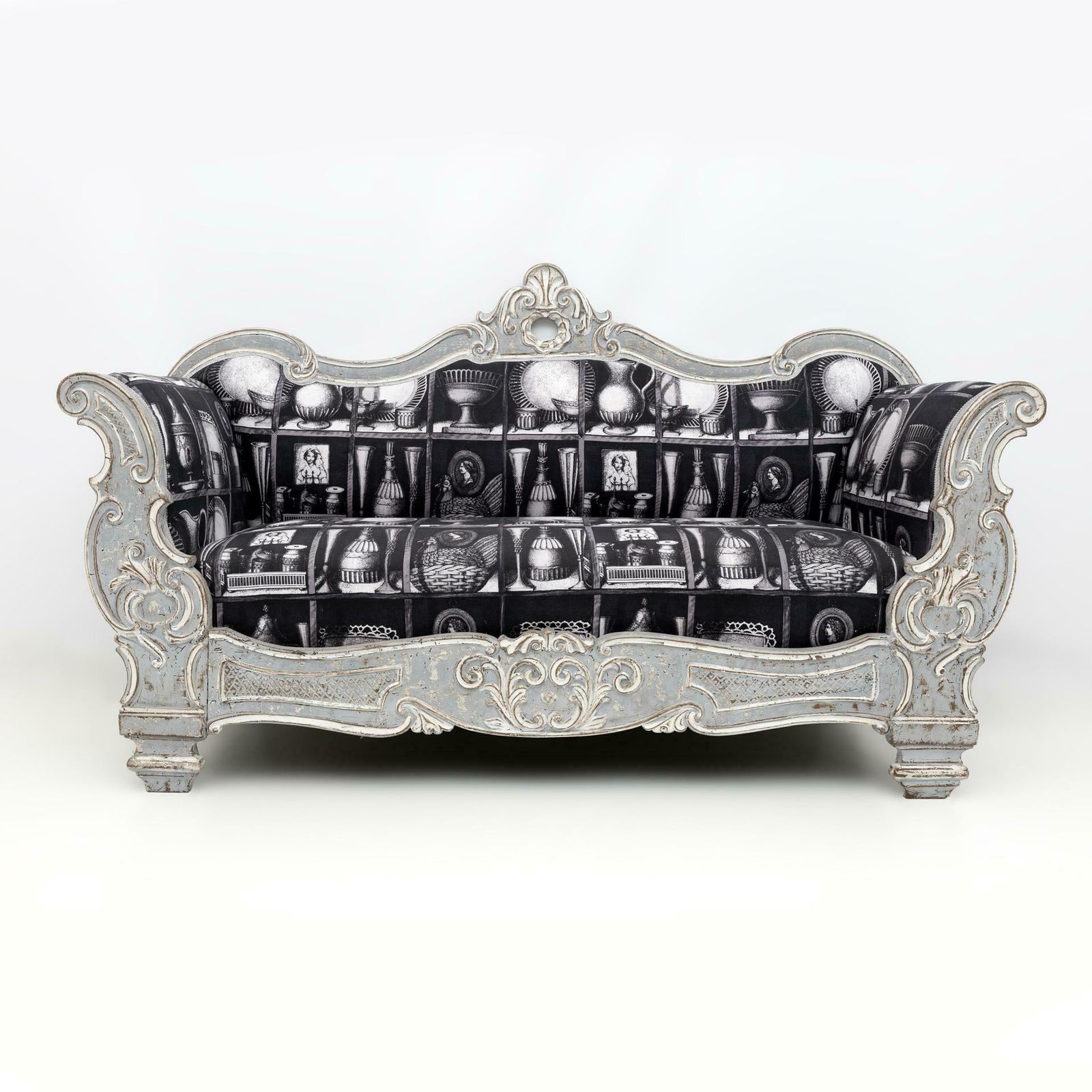 Charles X Style Italian Sofa With Fornasetti Linen Fabric photo furniture