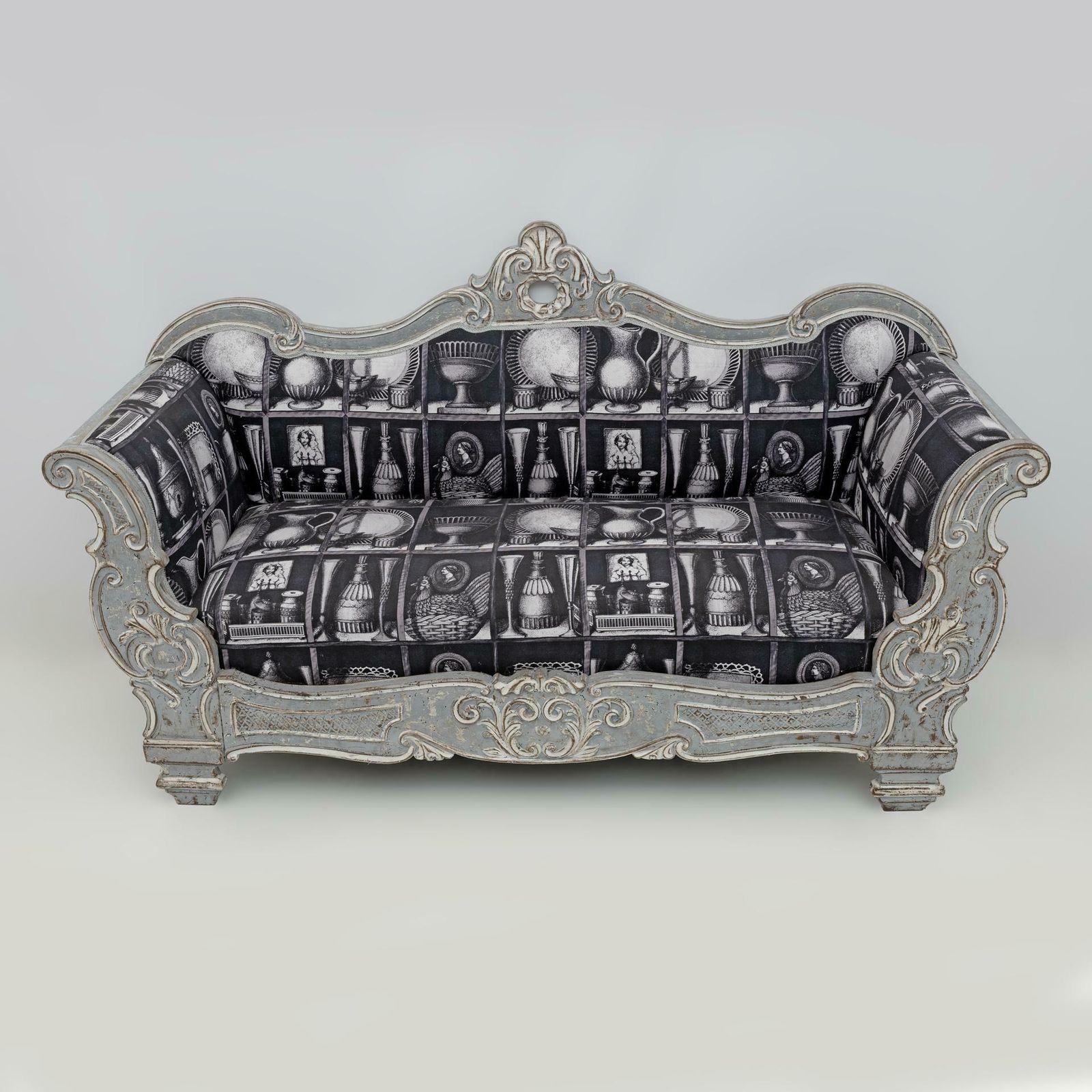 Charles X Style Italian Sofa With Fornasetti Linen Fabric photo for sale