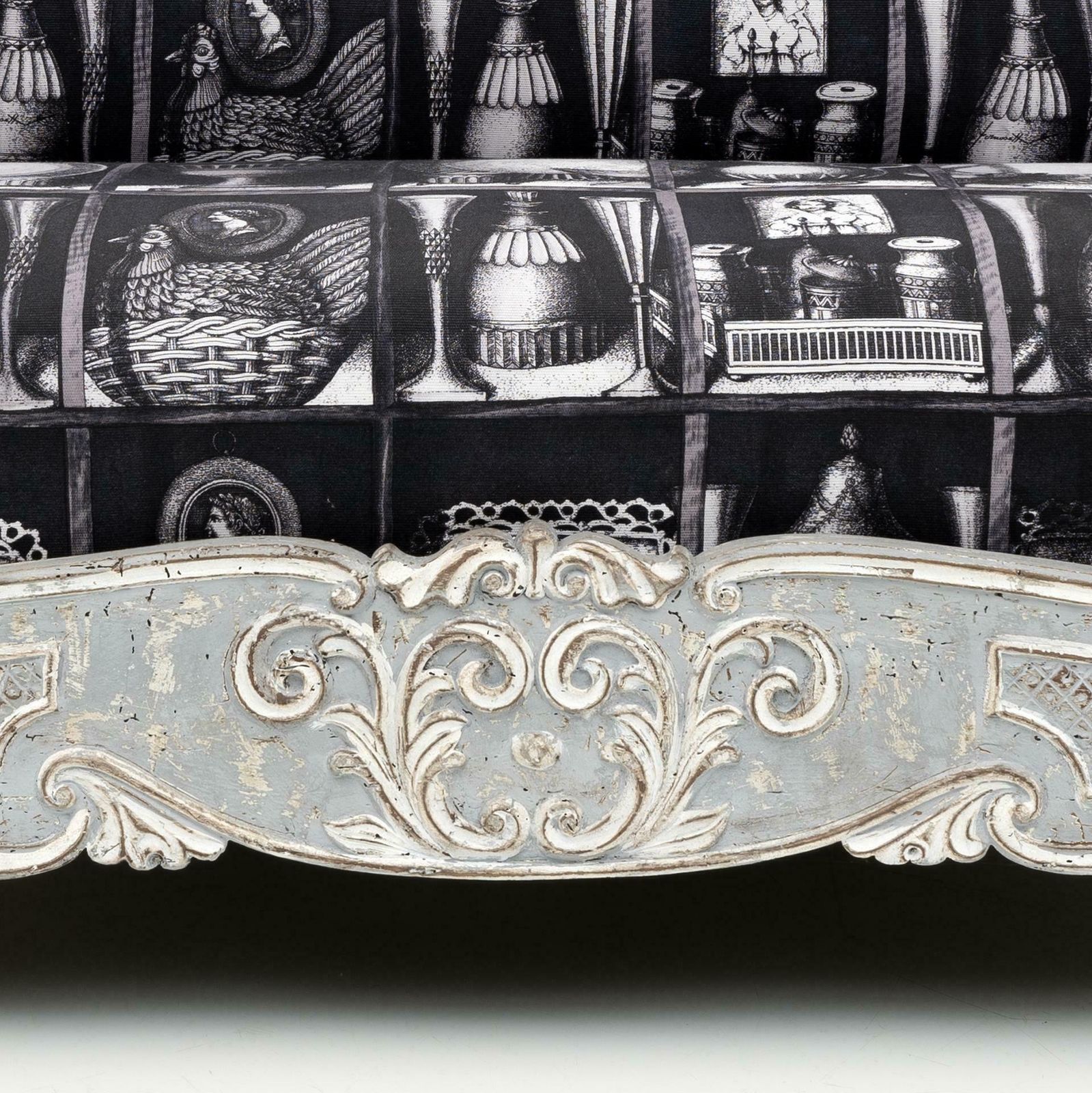 Charles X Style Italian Sofa With Fornasetti Linen Fabric photo vinterior
