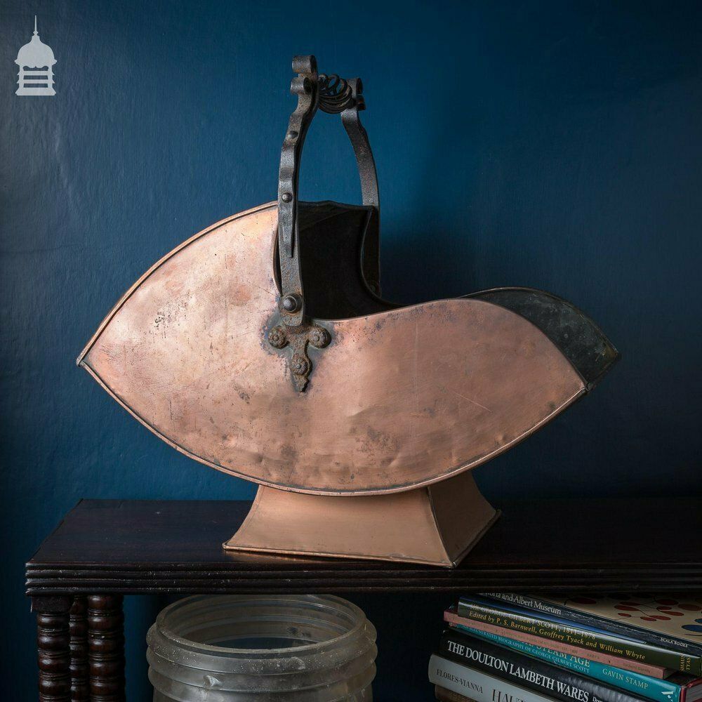 Arts & Crafts Copper Coal Scuttle With Decorative Riveted Wrought Iron Scroll And Twist Handle photo Home Fixtures