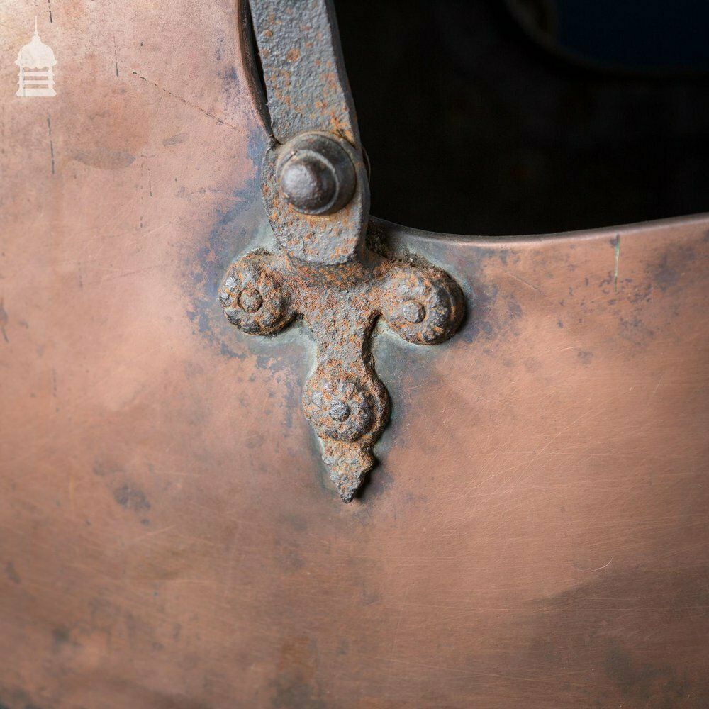photo furniture Arts & Crafts Copper Coal Scuttle With Decorative Riveted Wrought Iron Scroll And Twist Handle