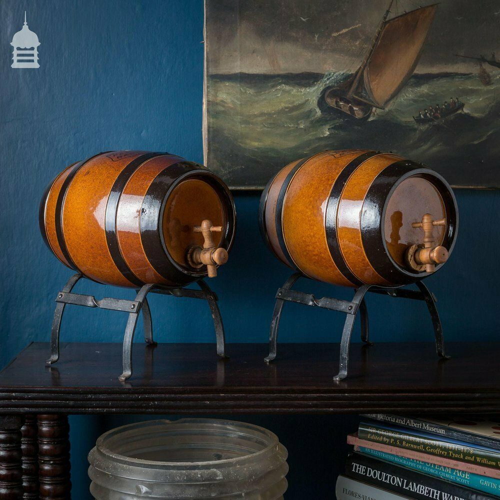 Pair Of Late 19th C Doulton Lambeth Stoneware Pedestrian Barrelette Picnic Whiskey Barrels On Stands photo for sale