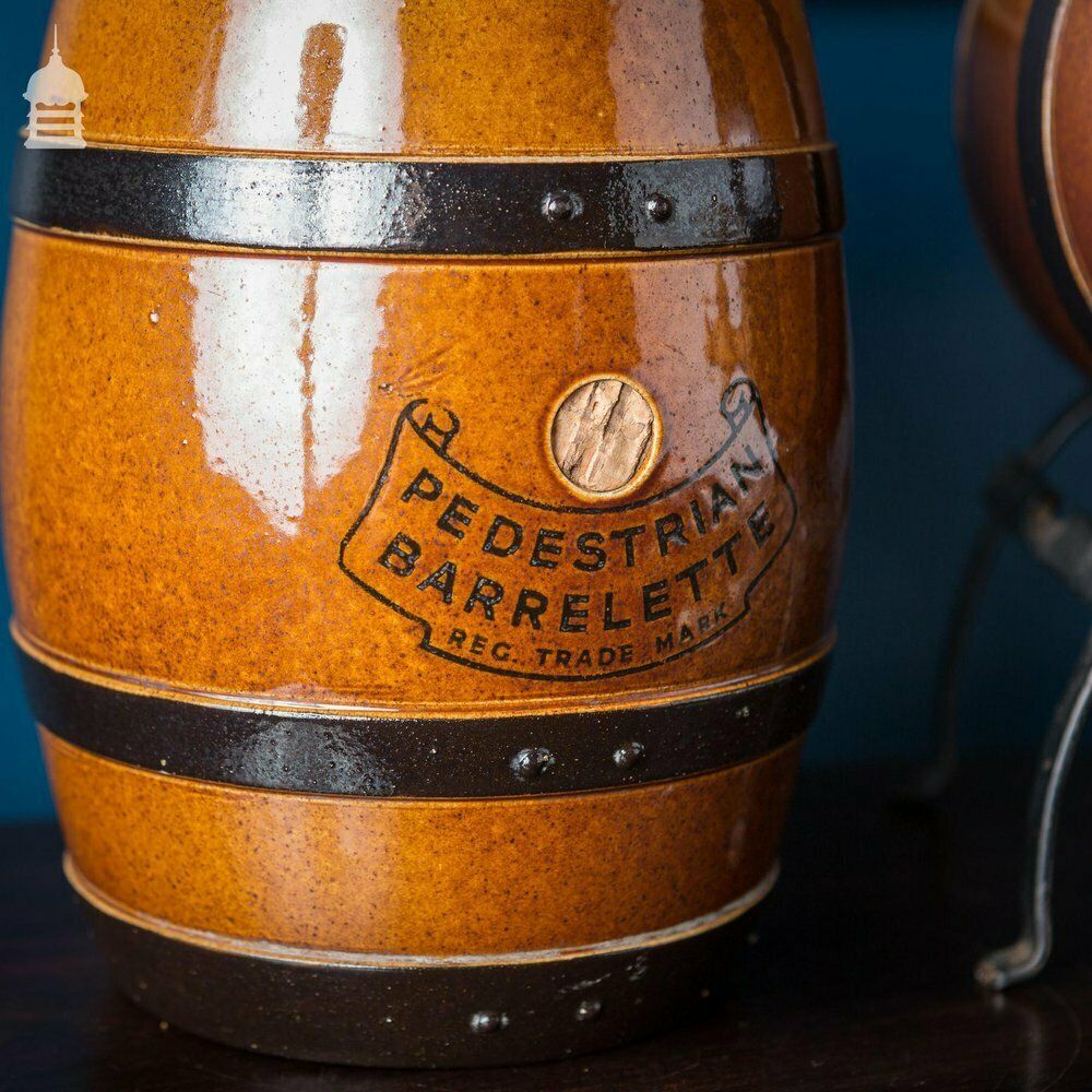 Pair Of Late 19th C Doulton Lambeth Stoneware Pedestrian Barrelette Picnic Whiskey Barrels On Stands photo 420.0