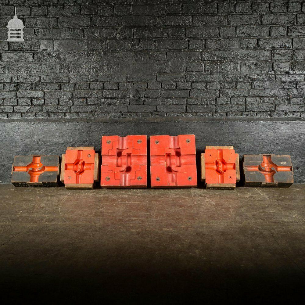 6 Pieces Of Vintage Industrial Foundry Moulds Patterns With Red And Black Paint