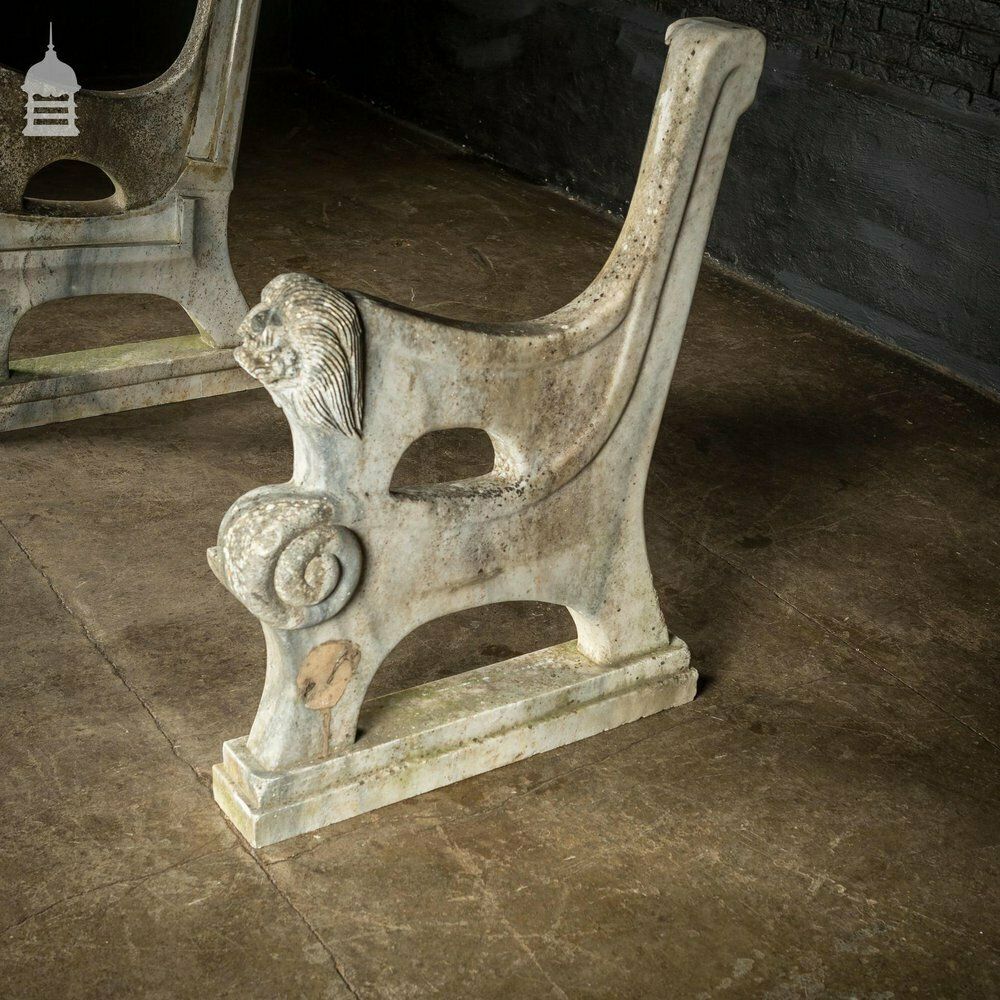 Pair Of Weathered Marble Bench Ends With Carved Dragon Design photo furniture