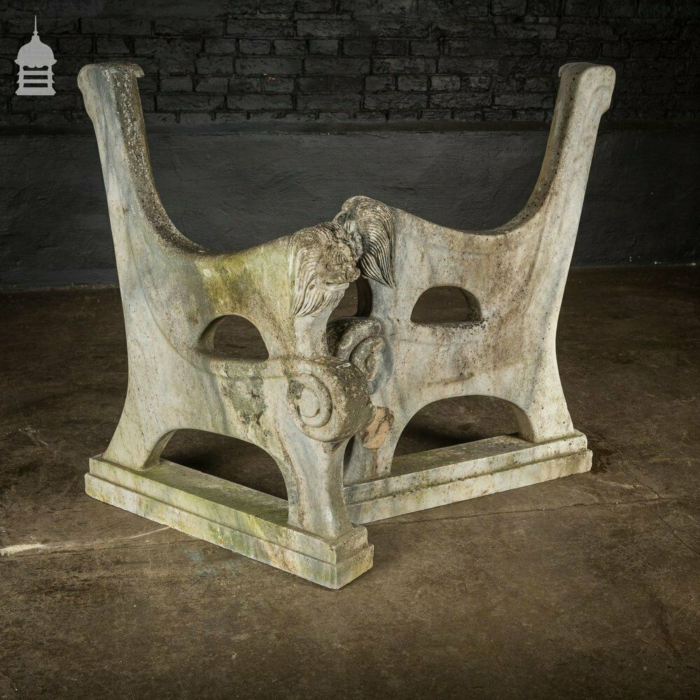 Pair Of Weathered Marble Bench Ends With Carved Dragon Design photo Garden Decor