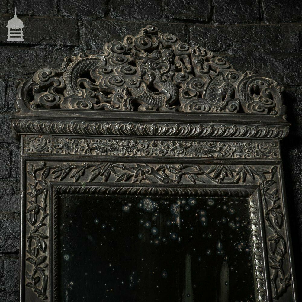 Tall 19th C Ebonised Chinese Pier Plate Mirror With Carved Dragons photo buy