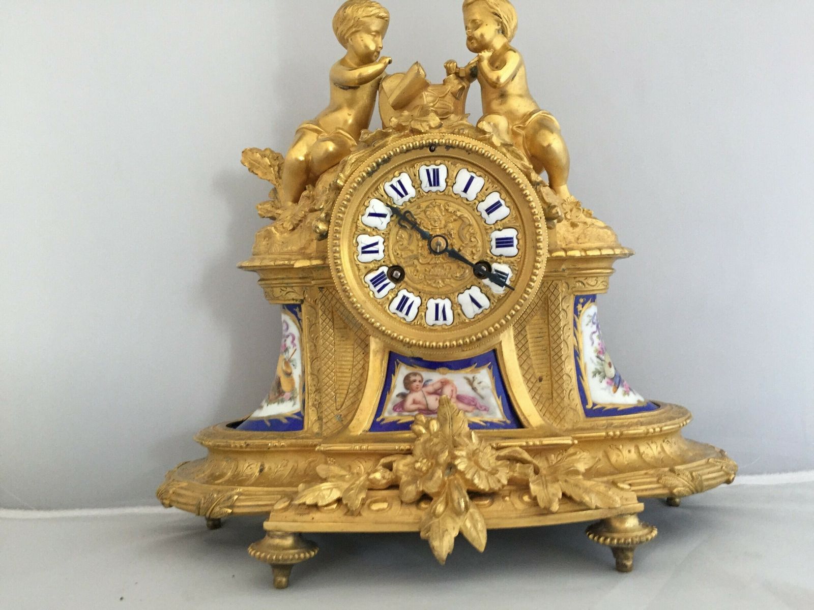 Antique French Ormolu And Porcelain Mantle Clock photo furniture
