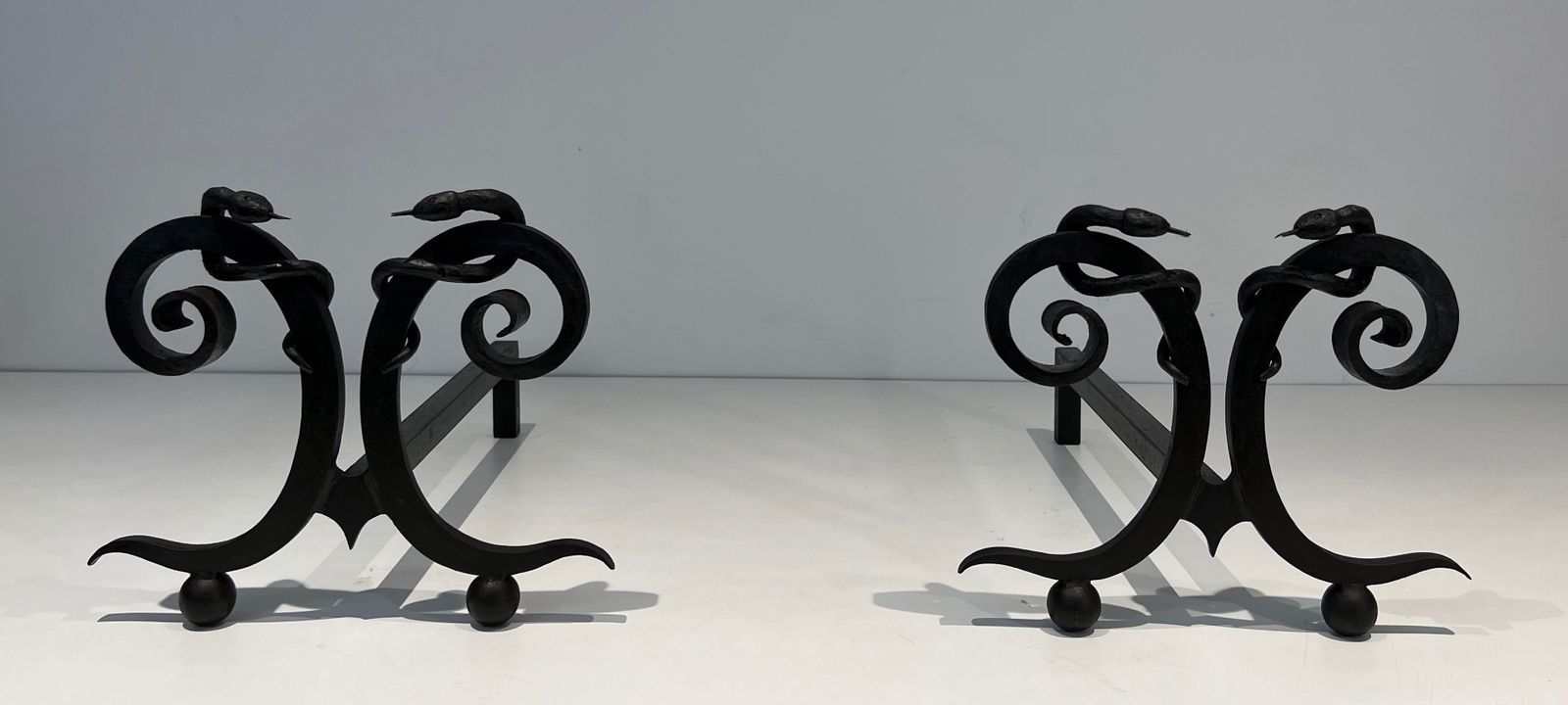 Pair Of Wrought Iron Andirons "With Snakes" In The Taste Of Edgar Brandt photo furniture
