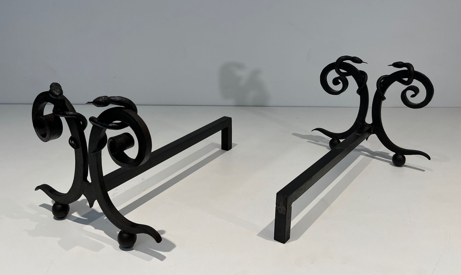 Pair Of Wrought Iron Andirons "With Snakes" In The Taste Of Edgar Brandt photo Home Decor