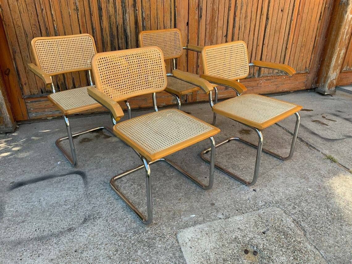 Mid Century Cantilever Chairs Set Of 4 / Marcel Breuer B64 Italian Armchairs / Made In Italy