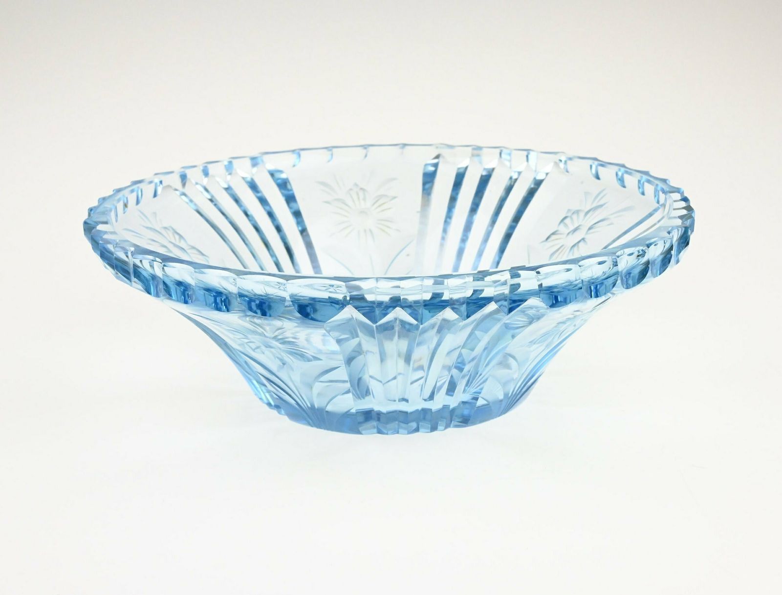 Antique Blue Glass Bowl With Floral Etchings   Timeless Beauty From The 1930s 1940s, Cut To Clear Bowl, Antique Glass Bowl, Blue Glass photo Home Decor