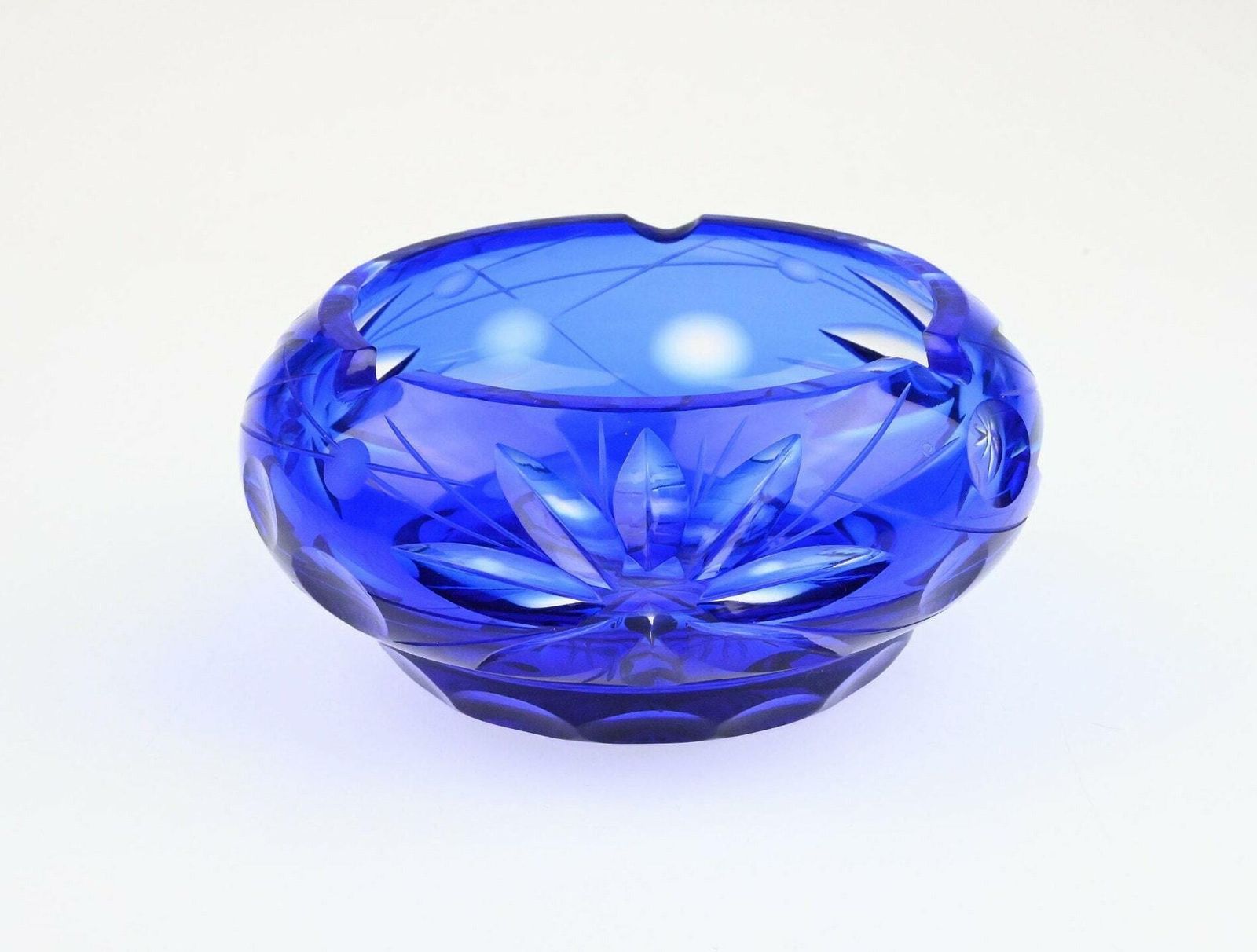 Antique Czech Glass Ashtray   Cobalt Blue With Flower Etchings, 1960s 1970s Elegance Glass Ashtray, Czech Glass Ashtray, Glass Ashtray