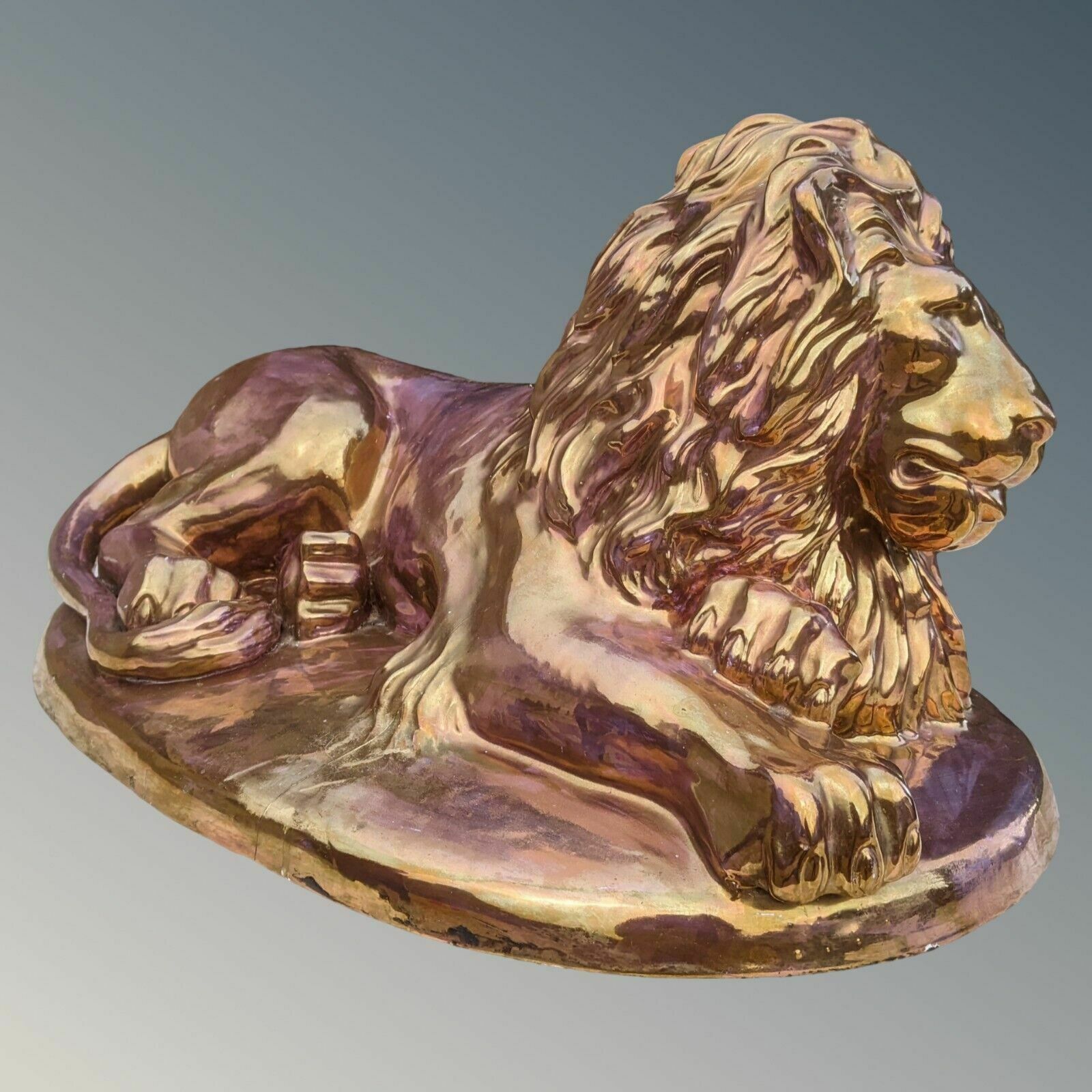 Large Constanti Lion Sculpture In Copper Lustre Glaze photo for sale