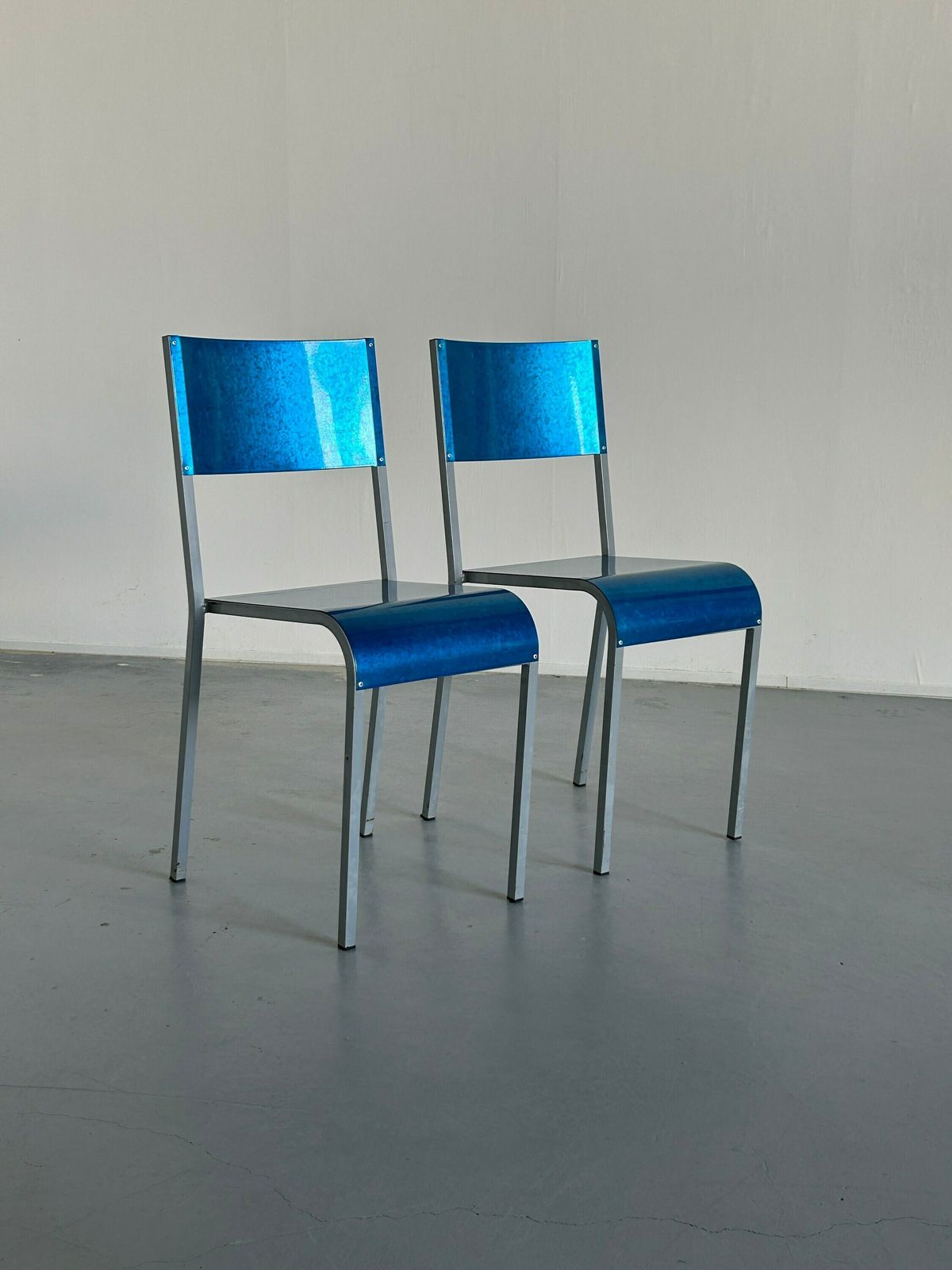 Pair Of Blue Postmodern Industrial Galvanized Metal Dining Chairs By Parisotto, 1980s Italy photo for sale