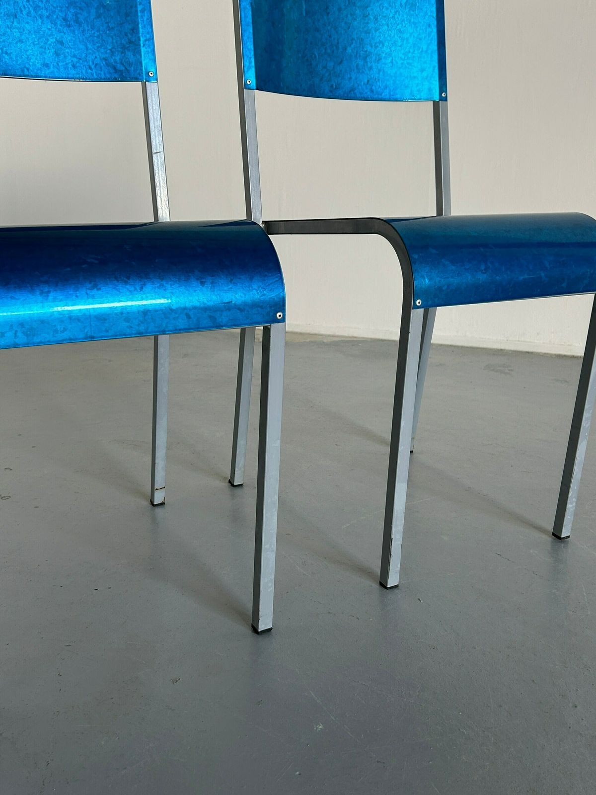 Pair Of Blue Postmodern Industrial Galvanized Metal Dining Chairs By Parisotto, 1980s Italy photo buy