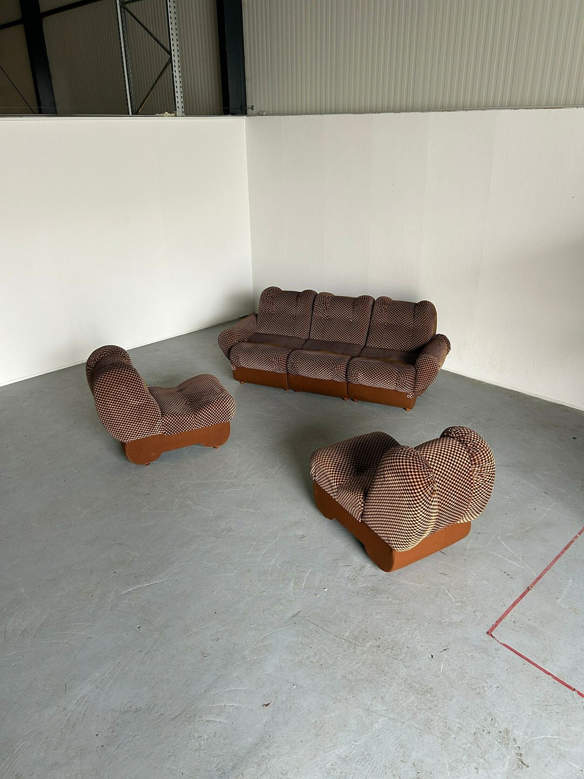 photo for sale Large Italian Space Age Sculptural Cloud Modular Sofa Set In Brown Striped Fabric, Italian Mid Century Five Piece Modern Modular Sofa