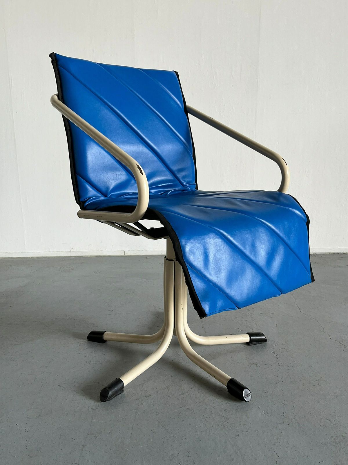 1 Of 2 Vintage Atomic Age Blue Faux Leather Swivel Armchairs Or Barber Chairs By Müster, 1980s Germany photo vinterior