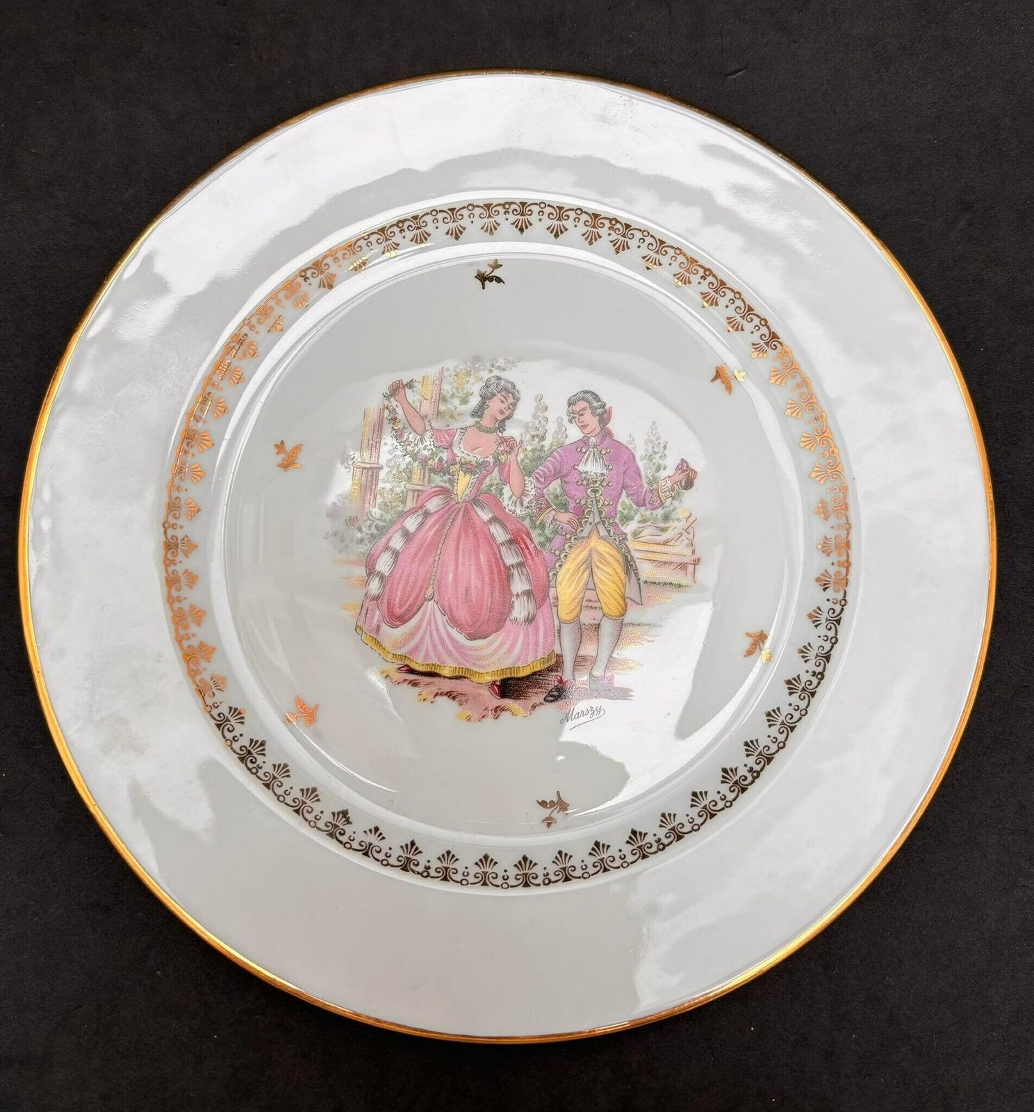 Porcelain Limoges Dinnerware Scene Gallant Plates Set 4 Dinner Plates Scene Galante Discontinued Replacement White Golden Rim Romantic photo 129.0