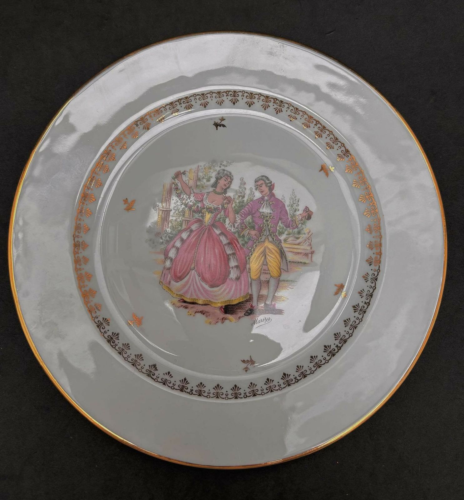 photo furniture Porcelain Limoges Dinnerware Scene Gallant Plates Set 4 Dinner Plates Scene Galante Discontinued Replacement White Golden Rim Romantic