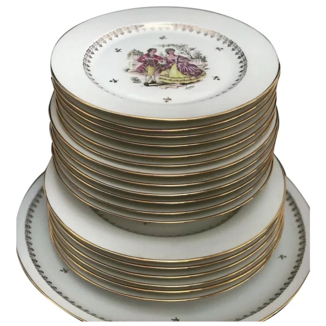 photo for sale Porcelain Limoges Dinnerware Scene Gallant Plates Set 4 Dinner Plates Scene Galante Discontinued Replacement White Golden Rim Romantic