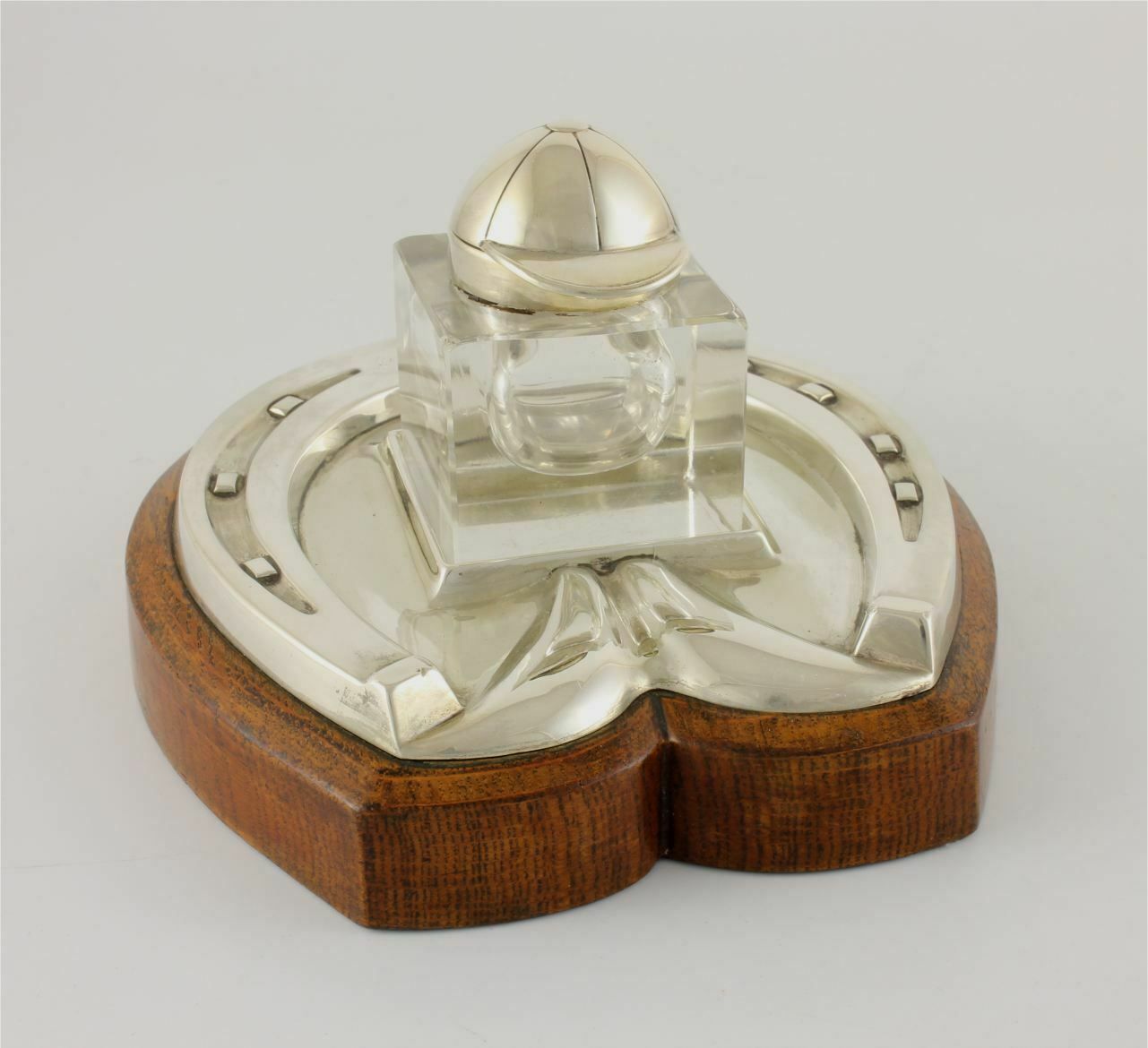 Silver Plate & Oak Horseshoe With Jockey Cap Glass Inkwell Desk Stand. photo furniture