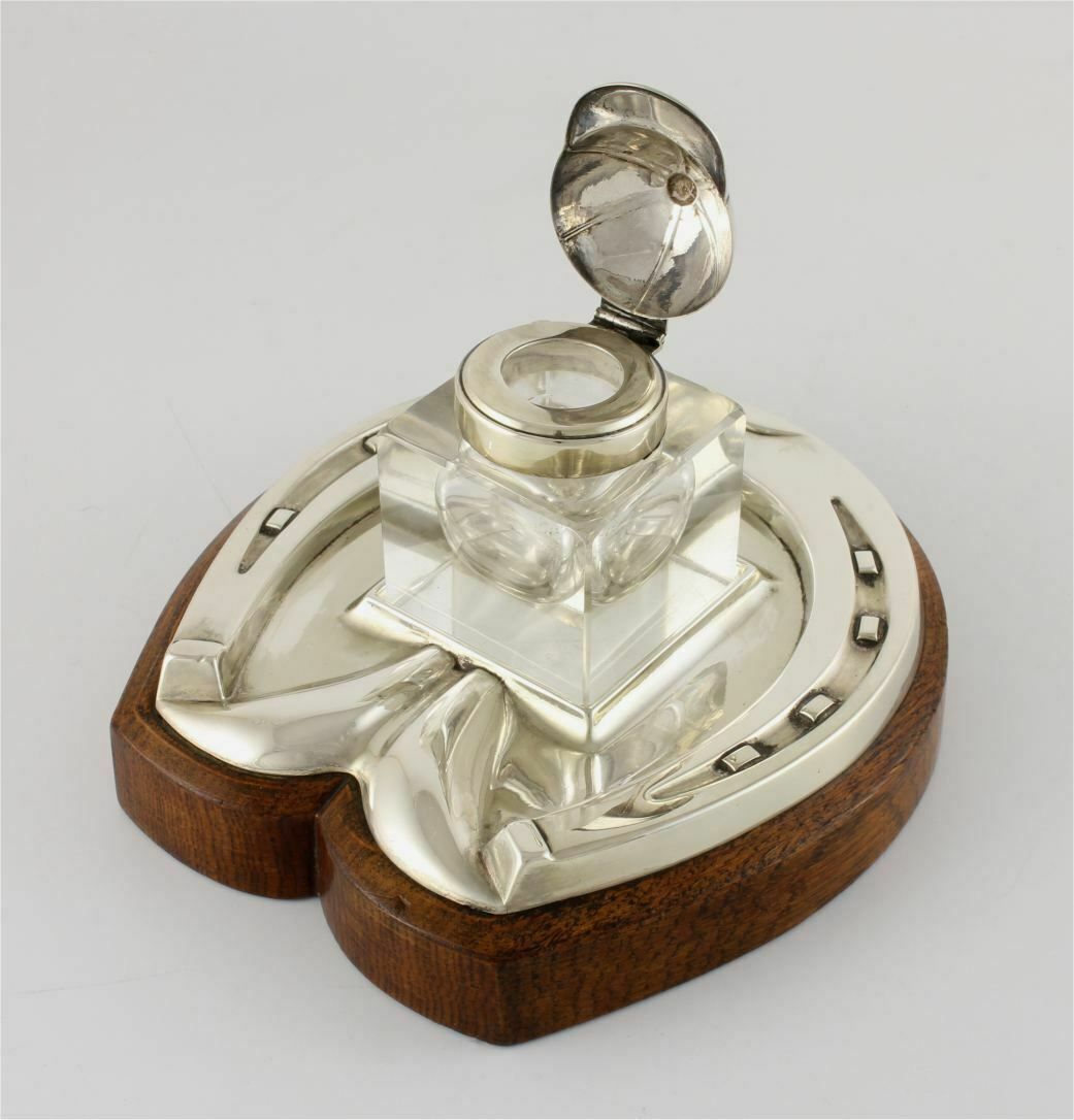 Silver Plate & Oak Horseshoe With Jockey Cap Glass Inkwell Desk Stand. photo for sale
