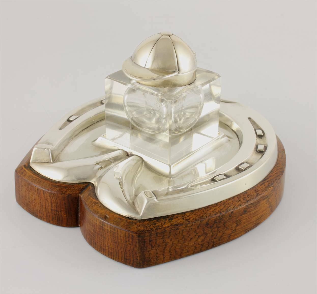 300.0 Silver Plate & Oak Horseshoe With Jockey Cap Glass Inkwell Desk Stand. photo