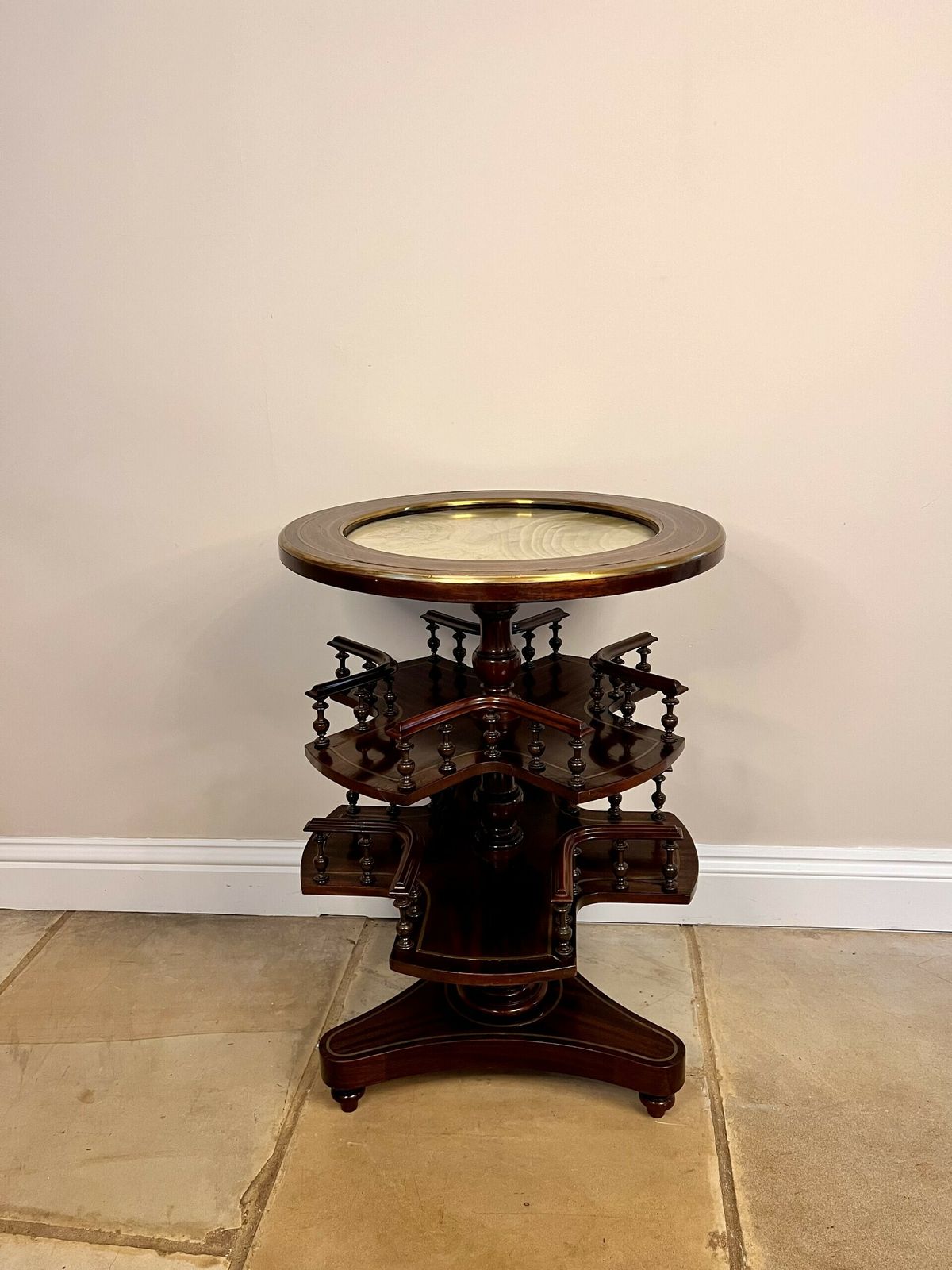 Unusual Antique Quality Mahogany Brass Inlaid Marble Top Revolving Table photo furniture