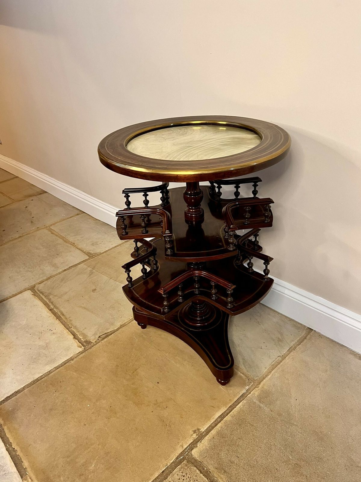Unusual Antique Quality Mahogany Brass Inlaid Marble Top Revolving Table photo vintage