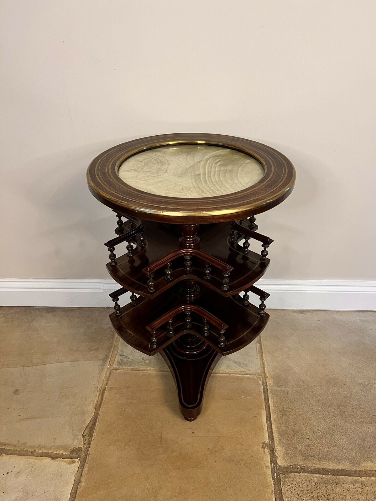 Unusual Antique Quality Mahogany Brass Inlaid Marble Top Revolving Table
