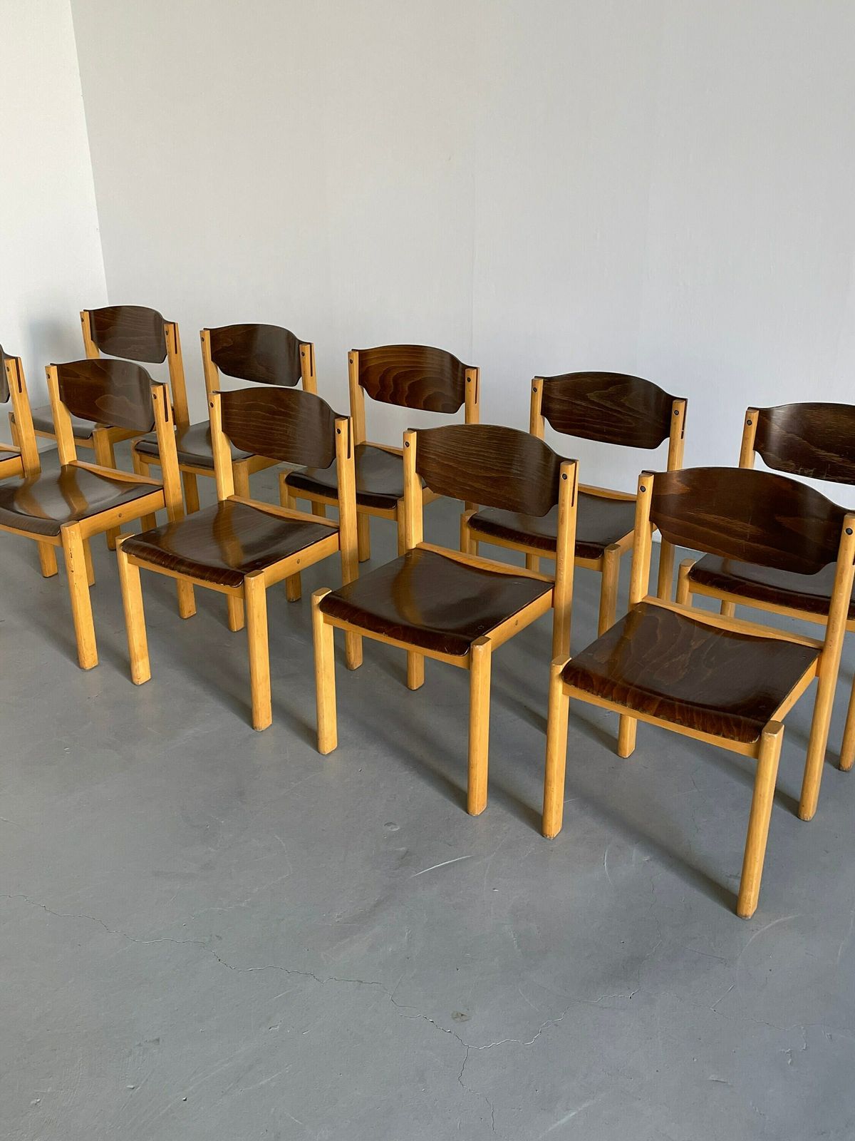 Mid Century Modern Stackable Dining Chairs Or Visitor Chairs In The Style Of Roland Rainer, Beech And Stained Plywood, 1970s Germany photo for sale