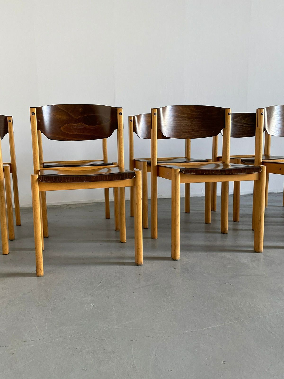Mid Century Modern Stackable Dining Chairs Or Visitor Chairs In The Style Of Roland Rainer, Beech And Stained Plywood, 1970s Germany photo vinterior