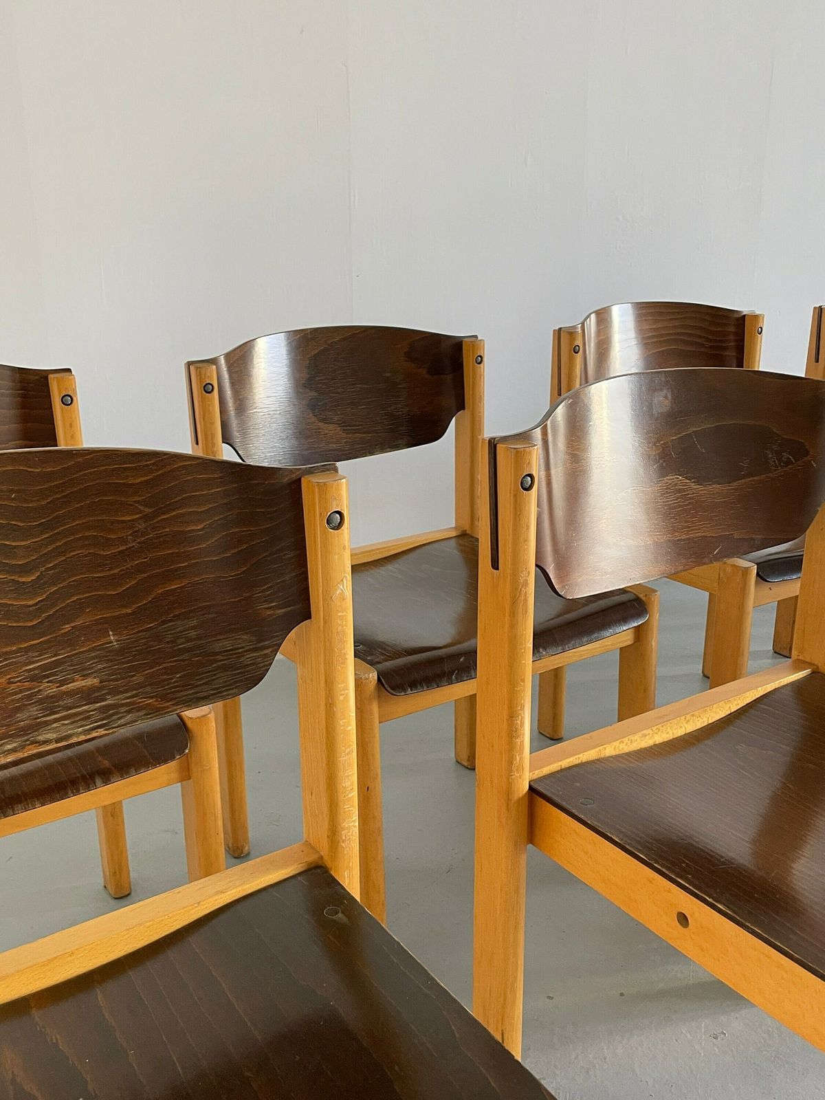 Mid Century Modern Stackable Dining Chairs Or Visitor Chairs In The Style Of Roland Rainer, Beech And Stained Plywood, 1970s Germany photo buy