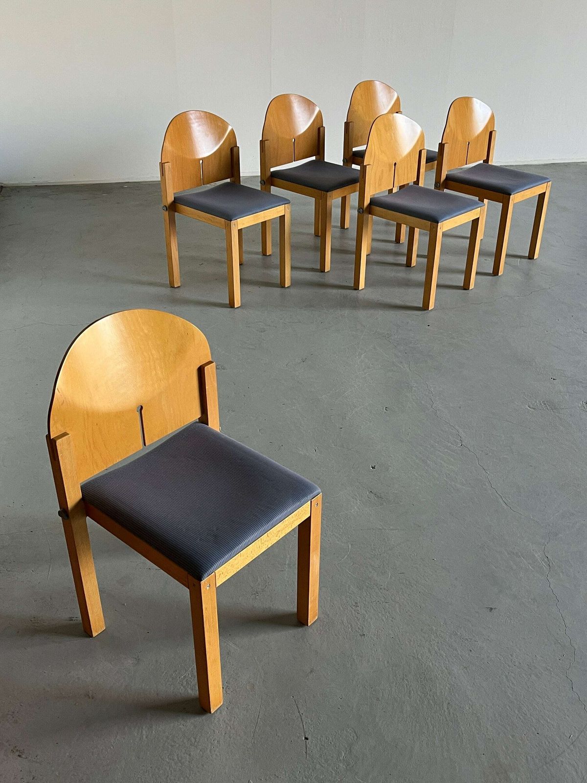 1 Of 6 Postmodern Sculptural Wooden Stackable Dining Chairs By Arno Votteler For Bisterfeld And Weiss, Germany 1980 photo for sale