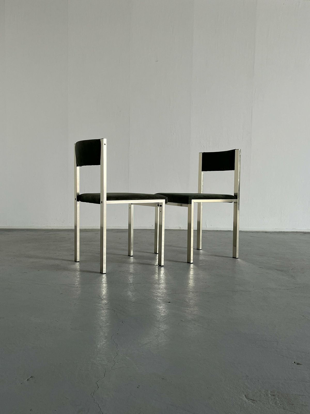 Pair Of Italian Modernist Chairs In Chrome Metal And Green Velvet By Interoffice Italy, 1970s photo 429.0