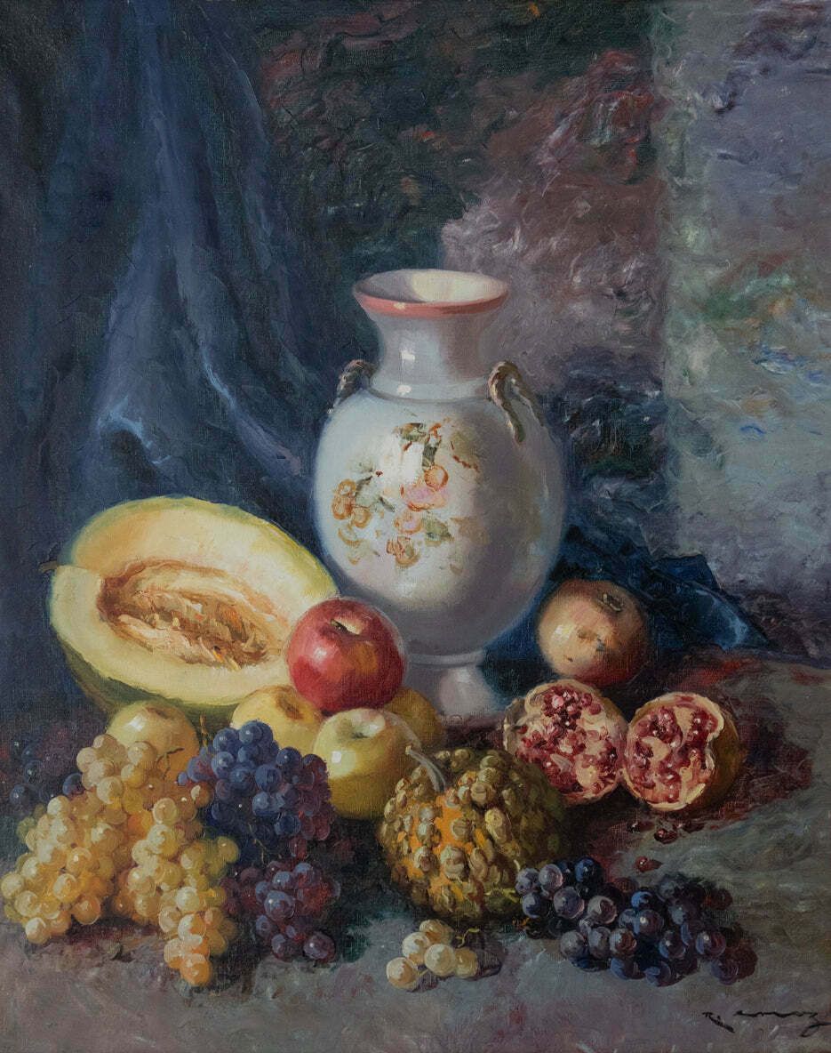 Exotisch Mediterraan Fruit Met Vaas — Gesigneerd Ingelijst Olieverf Op Doek