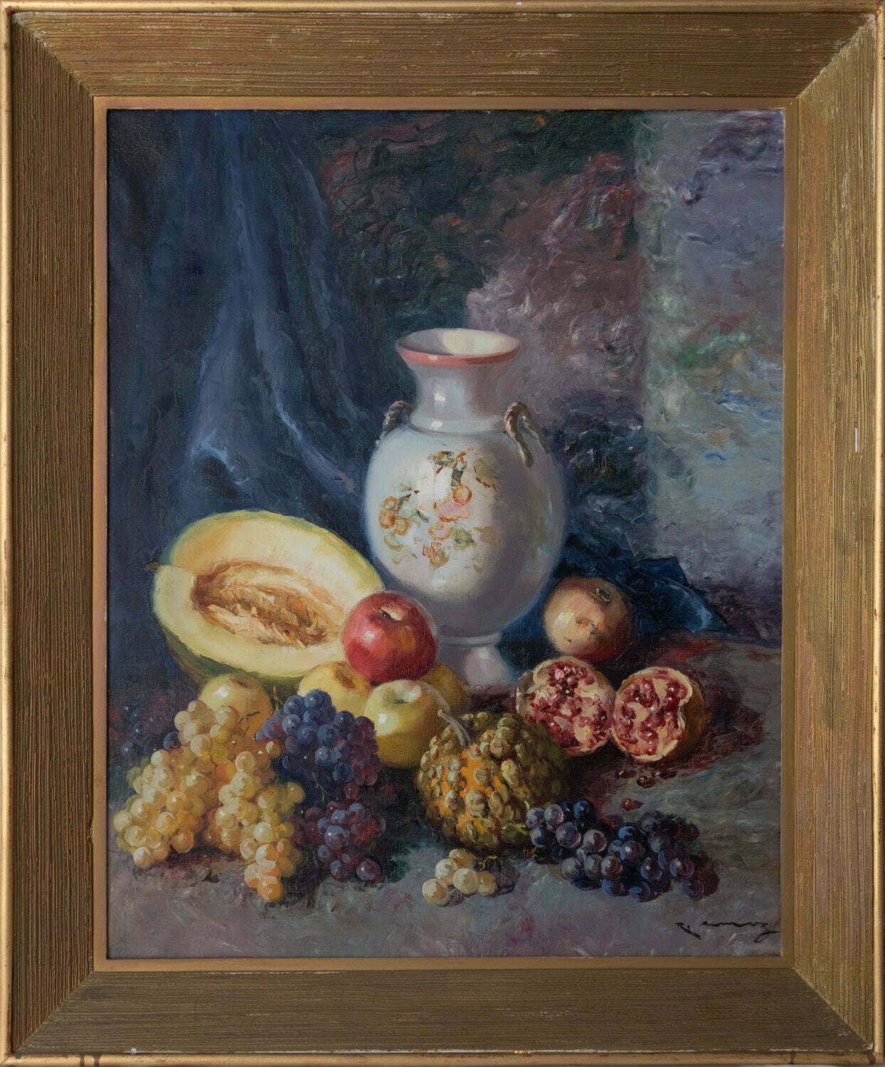 Exotisch Mediterraan Fruit Met Vaas — Gesigneerd Ingelijst Olieverf Op Doek photo furniture
