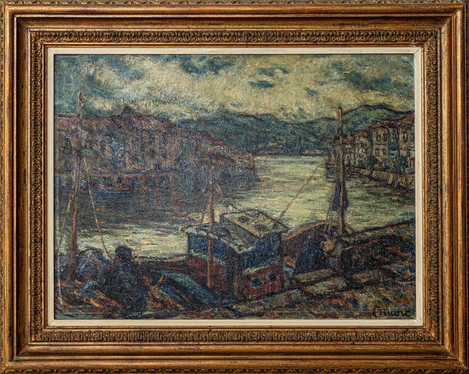 Sfeervol Gesigneerd Impressionistisch Olieverfschilderij Van Aken In Een Haven photo furniture